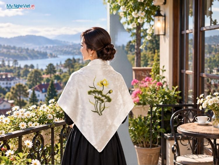 Khăn Lụa Vuông Thêu  Sen Song Hỷ Màu Trắng 90x90cm KLTA9090/18.1