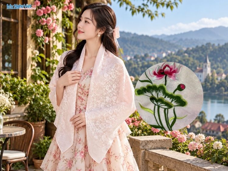Khăn Lụa Vuông Thêu Sen Dây Màu Hồng Phấn 90x90cm KLTA9090/20