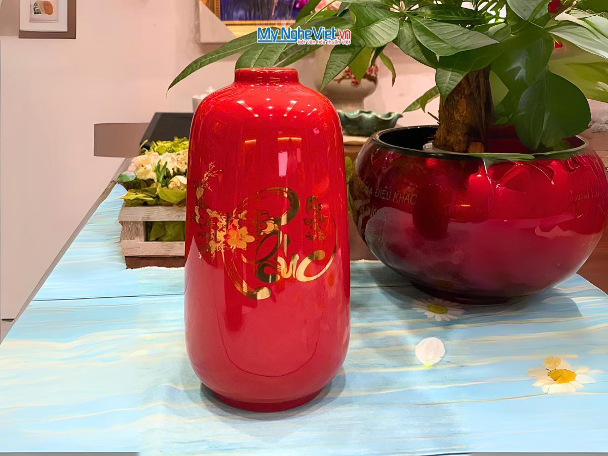 Bộ 3 lọ hoa gốm Bát Tràng Phúc Lộc Thọ dát vàng kim CBLHG036-2