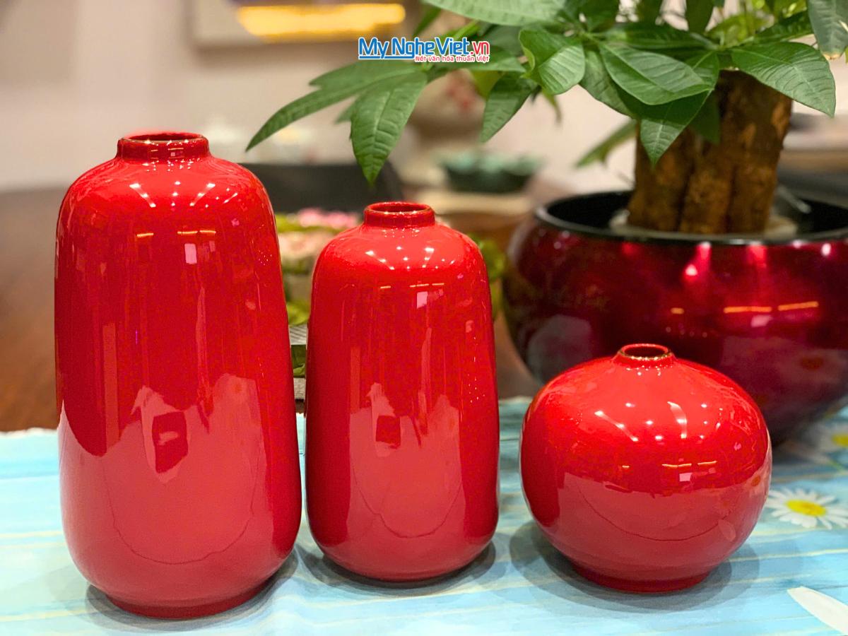 Bộ 3 lọ hoa gốm Bát Tràng Phúc Lộc Thọ dát vàng kim CBLHG036-2