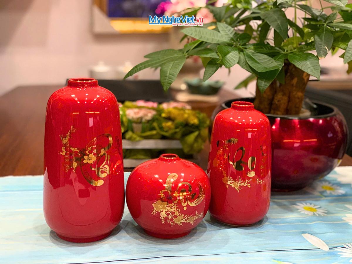 Bộ 3 lọ hoa gốm Bát Tràng Phúc Lộc Thọ dát vàng kim CBLHG036-2