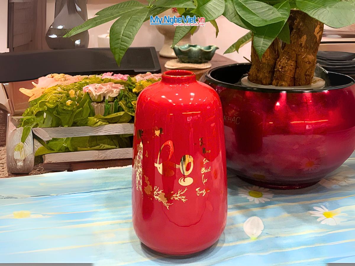 Bộ 3 lọ hoa gốm Bát Tràng Phúc Lộc Thọ dát vàng kim CBLHG036-2