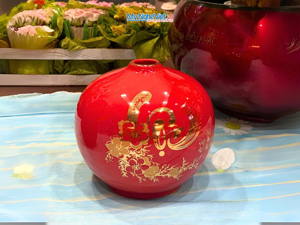 Bộ 3 lọ hoa gốm Bát Tràng Phúc Lộc Thọ dát vàng kim CBLHG036-2