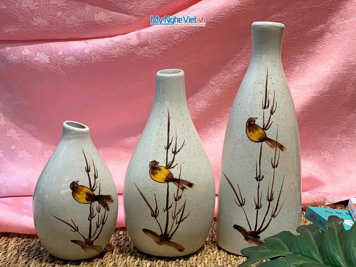 Bộ 3 lọ hoa gốm men tấm chim trúc Bát Tràng CBLHG035-1