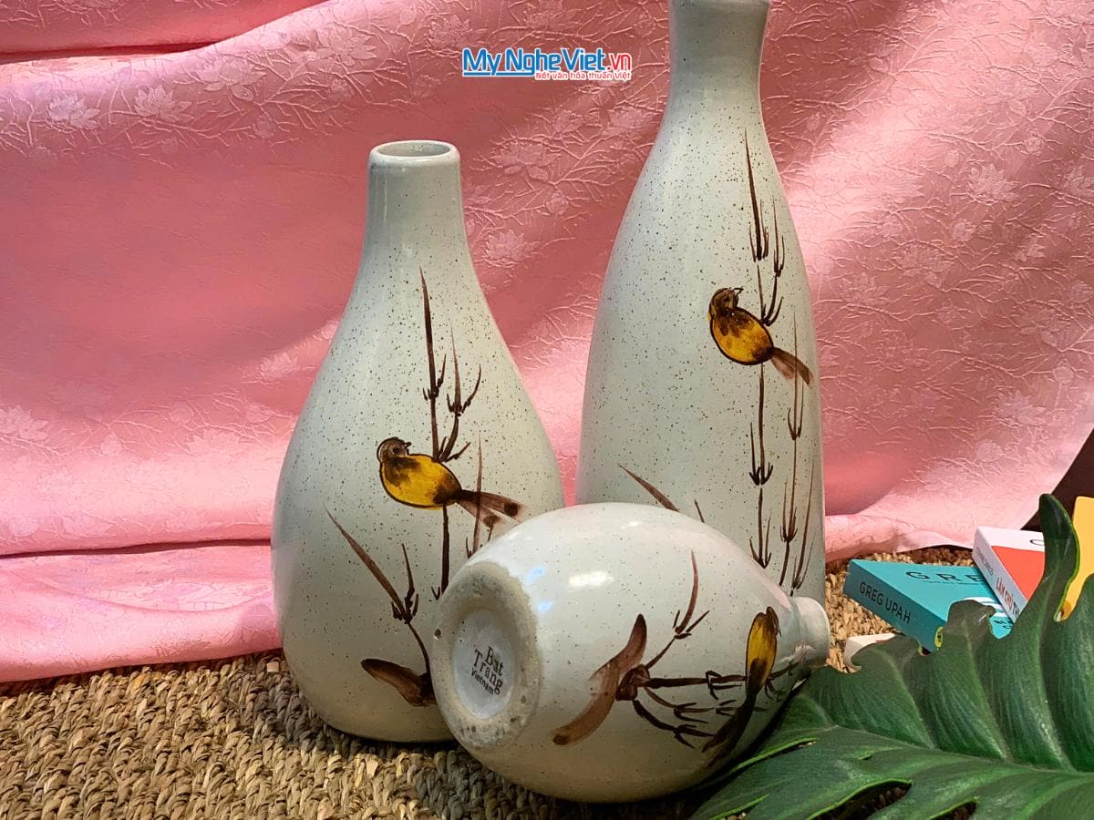 Bộ 3 lọ hoa gốm men tấm chim trúc Bát Tràng CBLHG035-1