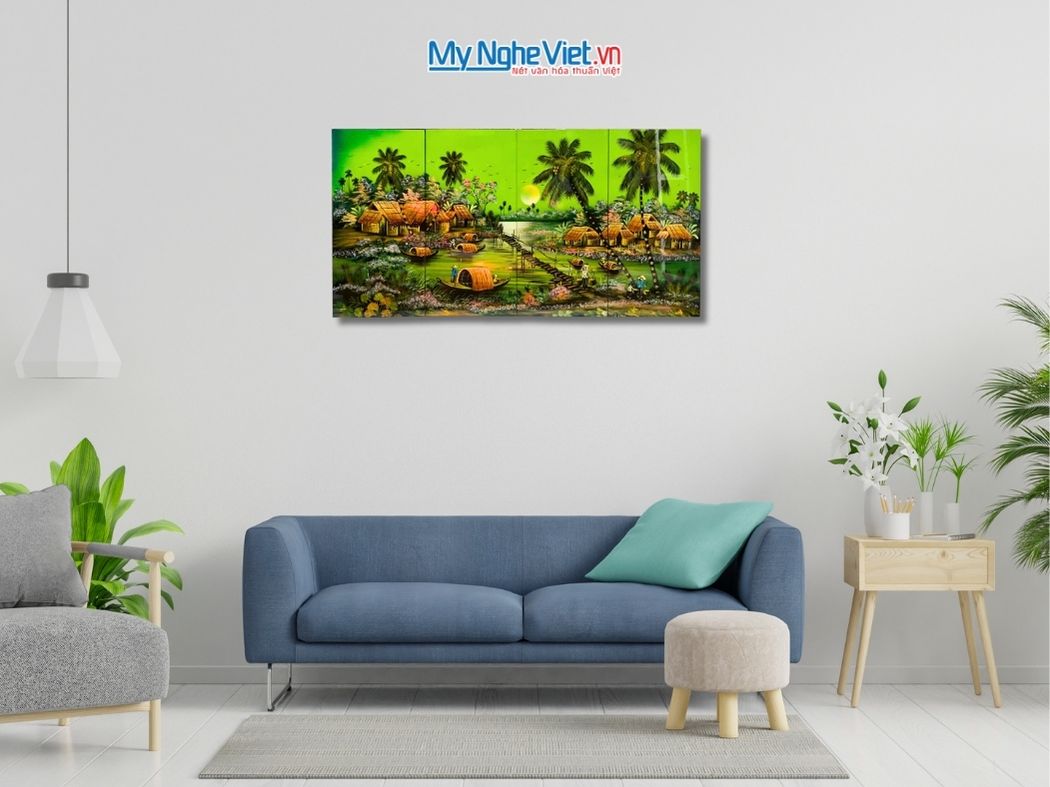 Bộ Tranh Sơn Mài Đồng Quê Nền Xanh Lá 30x60 MNV-TSM36-2