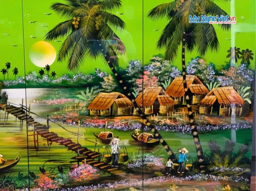 Bộ Tranh Sơn Mài Đồng Quê Nền Xanh Lá 30x60 MNV-TSM36-2