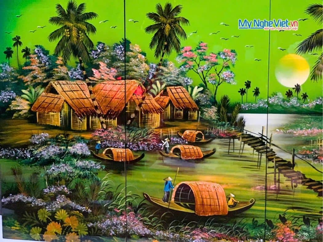 Bộ Tranh Sơn Mài Đồng Quê Nền Xanh Lá 30x60 MNV-TSM36-2
