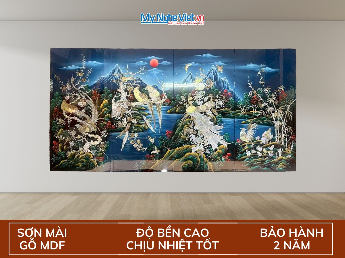 Tranh bộ công gà chim két nền xanh TSM486-1