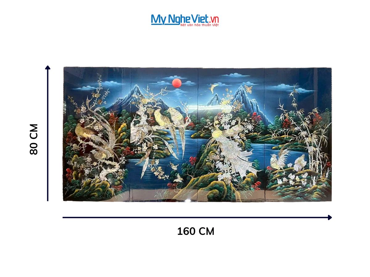 Tranh bộ công gà chim két nền xanh TSM486-1