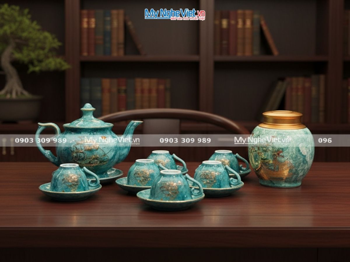 Bình trà Bát Tràng dáng cát tường men vân đá thuận buồm xuôi gió viền chỉ vàng kim + Hũ trà 200g BBT-VBT12/5
