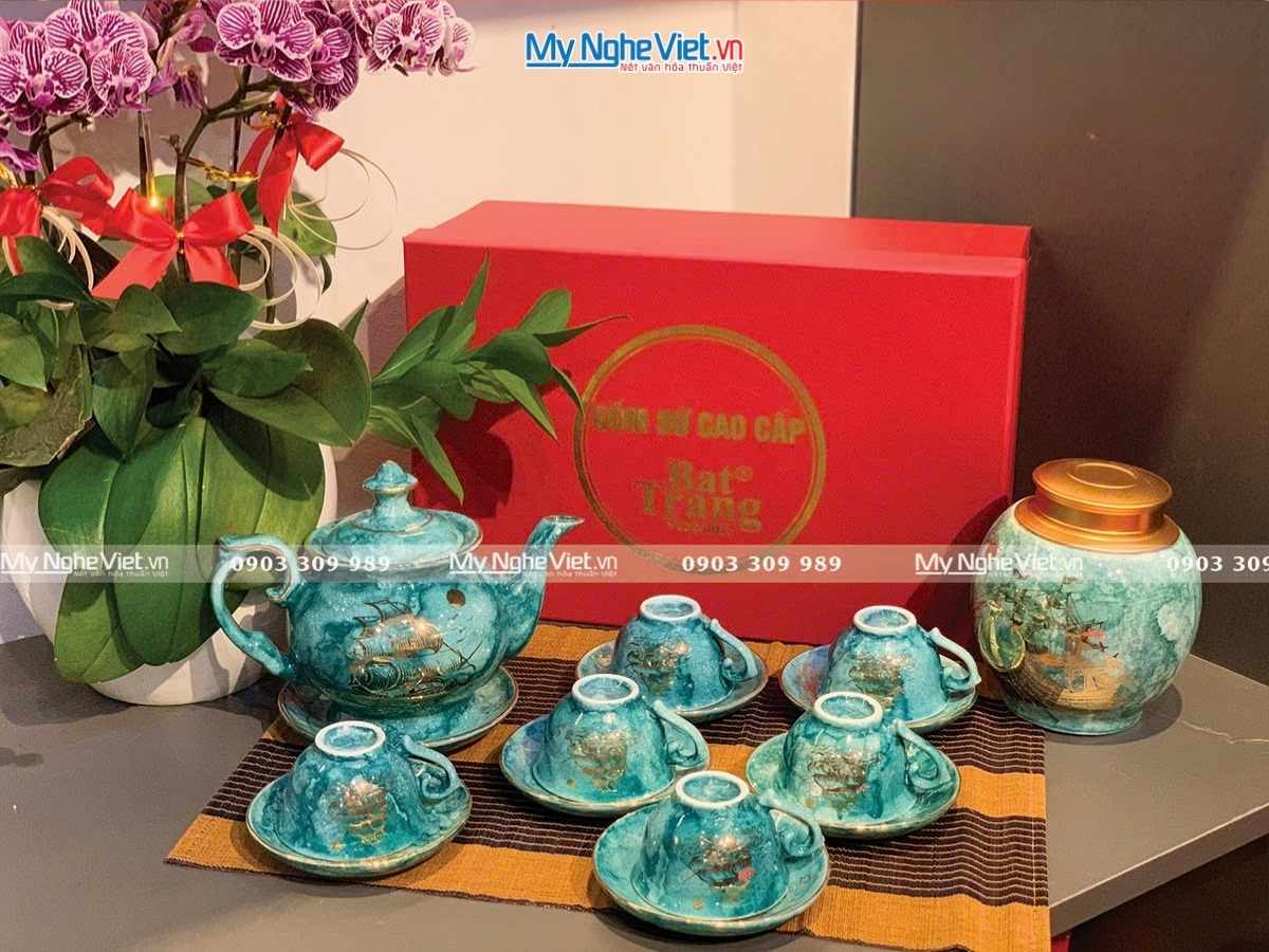 Bình trà Bát Tràng dáng cát tường men vân đá thuận buồm xuôi gió viền chỉ vàng kim + Hũ trà 200g BBT-VBT12/5