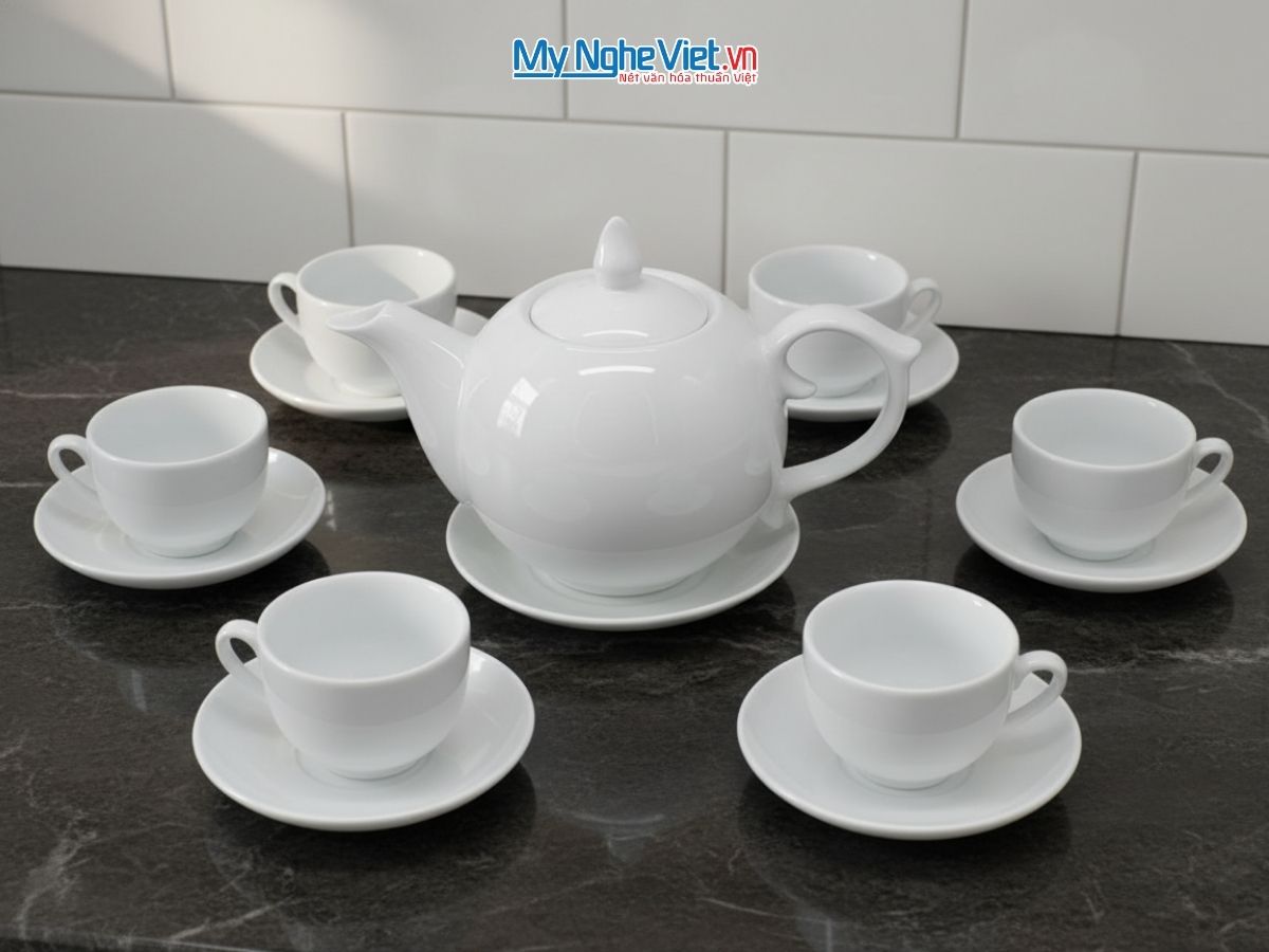Bộ Bình Trà Dáng Bưởi Chóp Lửa Trắng Trơn BT001-2