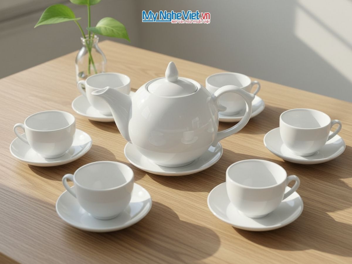 Bộ Bình Trà Dáng Bưởi Chóp Lửa Trắng Trơn BT001-2