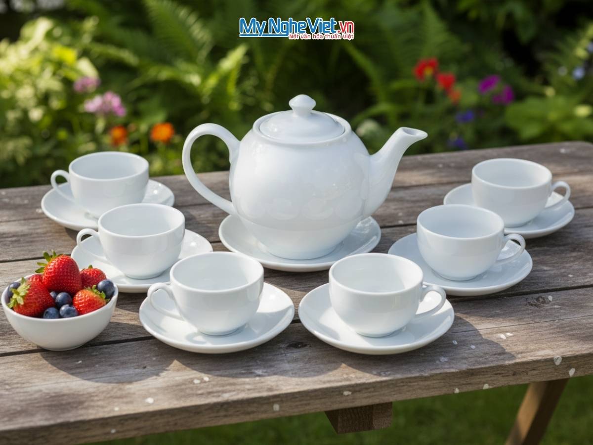 Bộ Bình trà Bát Tràng dáng Minh Long trắng trơn BT001-5