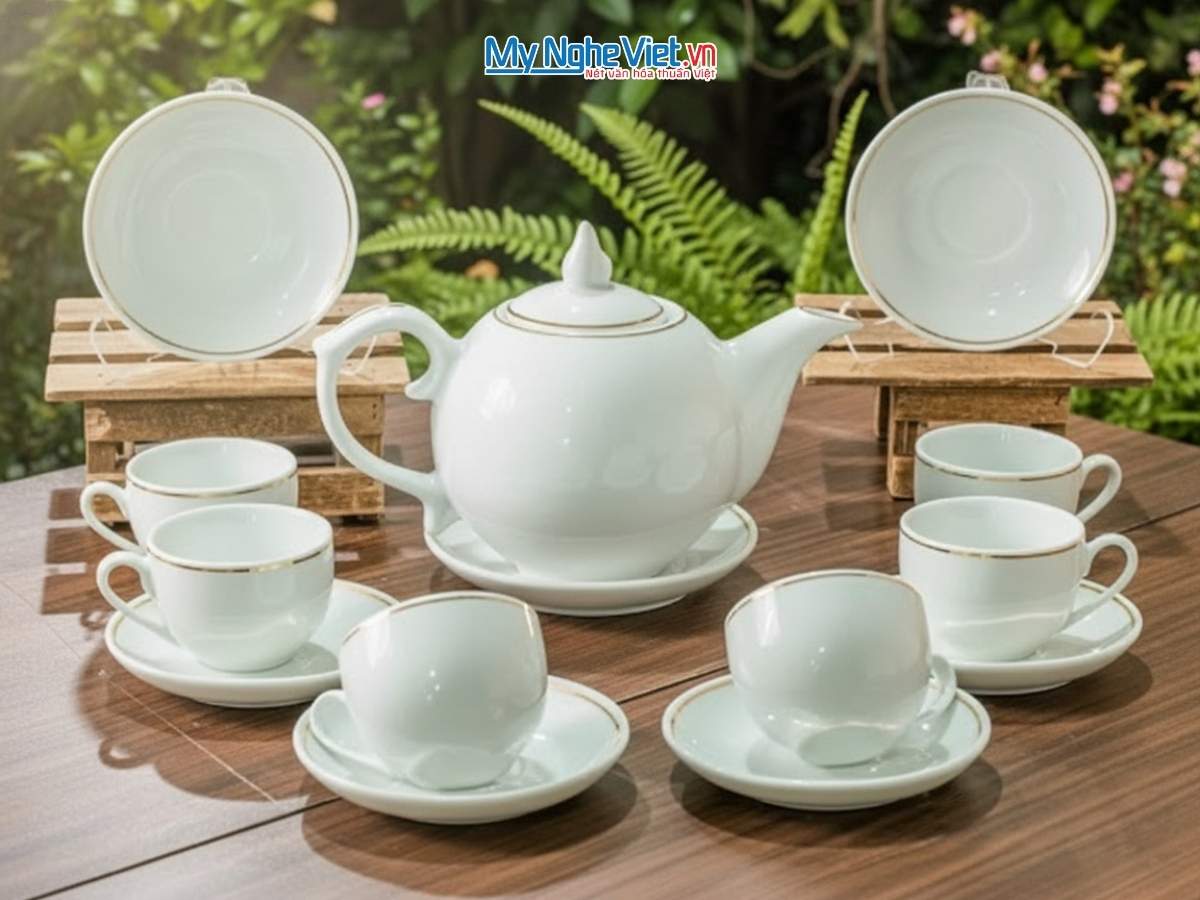 Bộ Bình Trà Mẫu Đơn Men Trắng Chỉ Vàng Kim BT001-7.2