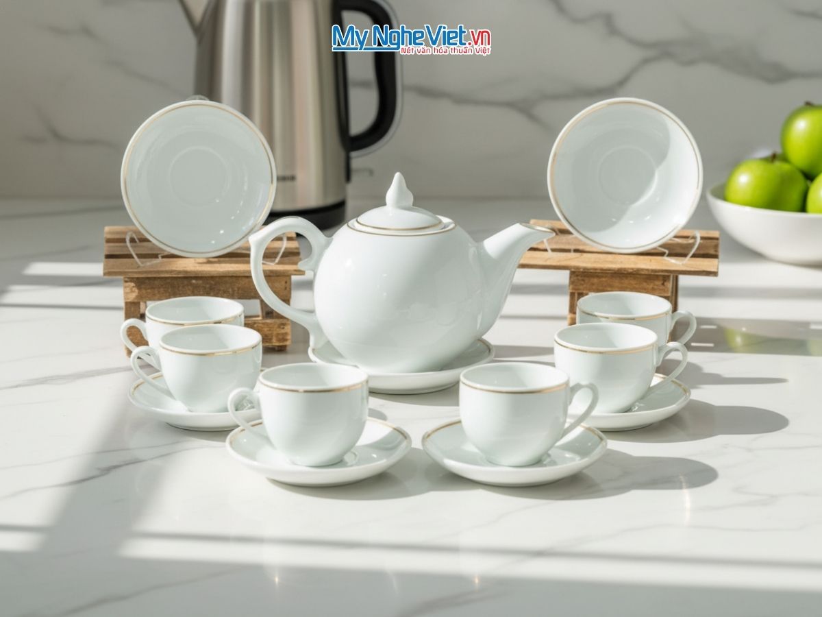 Bộ Bình Trà Mẫu Đơn Men Trắng Chỉ Vàng Kim BT001-7.2