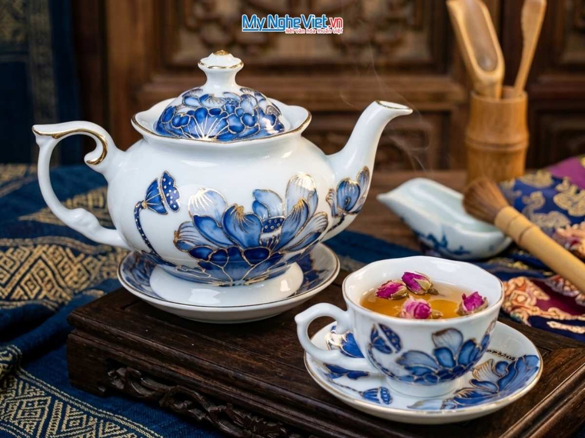 Bộ Bình Trà Queen Cao Cấp Nền Trắng Vẽ Hoa Xanh BTV15.10
