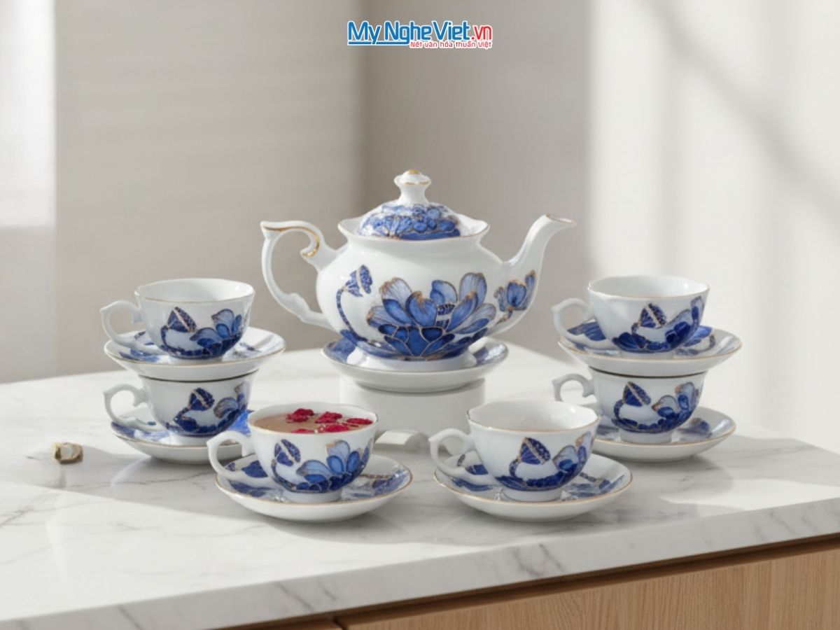 Bộ Bình Trà Queen Cao Cấp Nền Trắng Vẽ Hoa Xanh BTV15.10