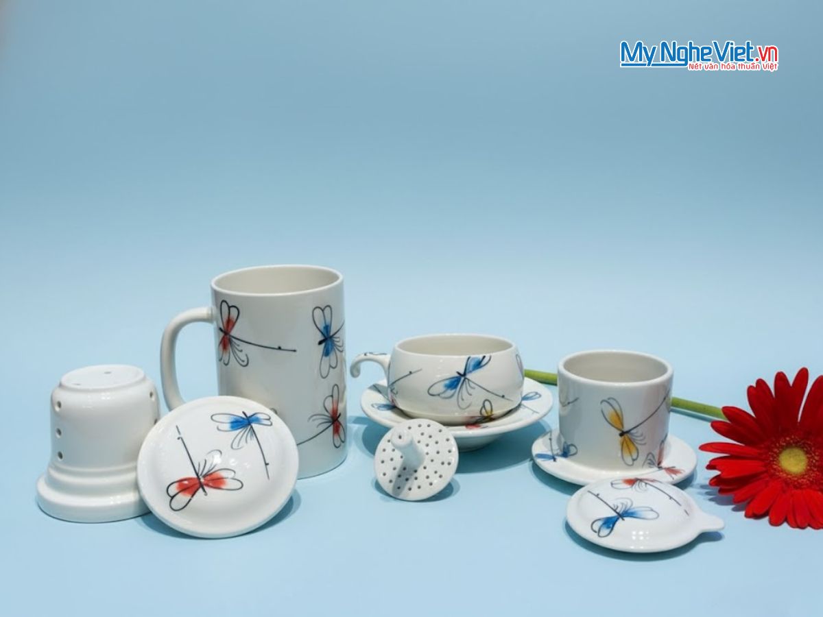 Combo Ly Lọc Trà và phin cafe vẽ chuồn kim xanh đỏ CBCFVH004/7.1