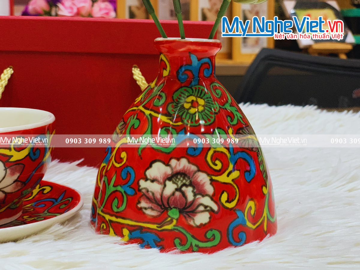 Combo quà tặng lọ hoa mini + bộ ly cappucino vẽ tay đỏ+ hộp xilot MNV-HBT1223-2/4	
