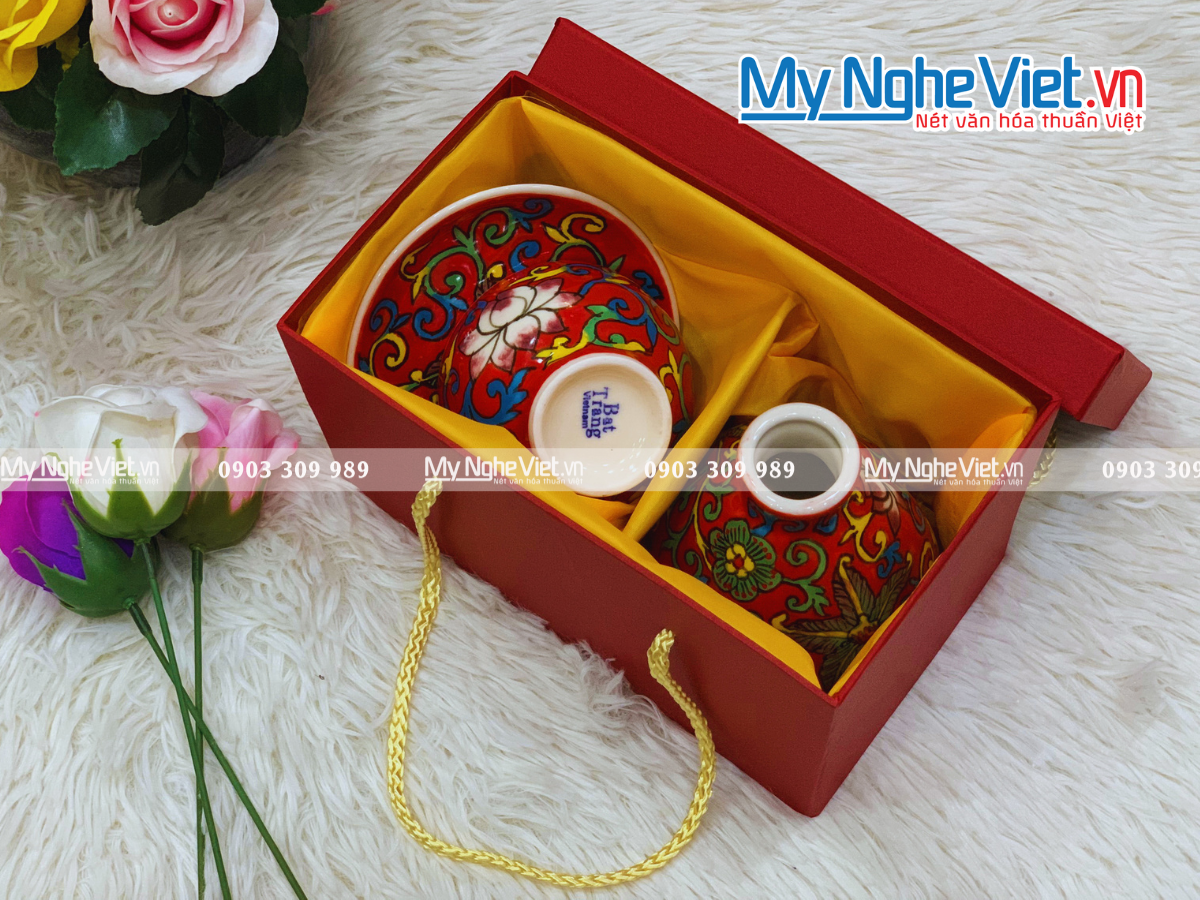 Combo quà tặng lọ hoa mini + bộ ly cappucino vẽ tay đỏ+ hộp xilot MNV-HBT1223-2/4	