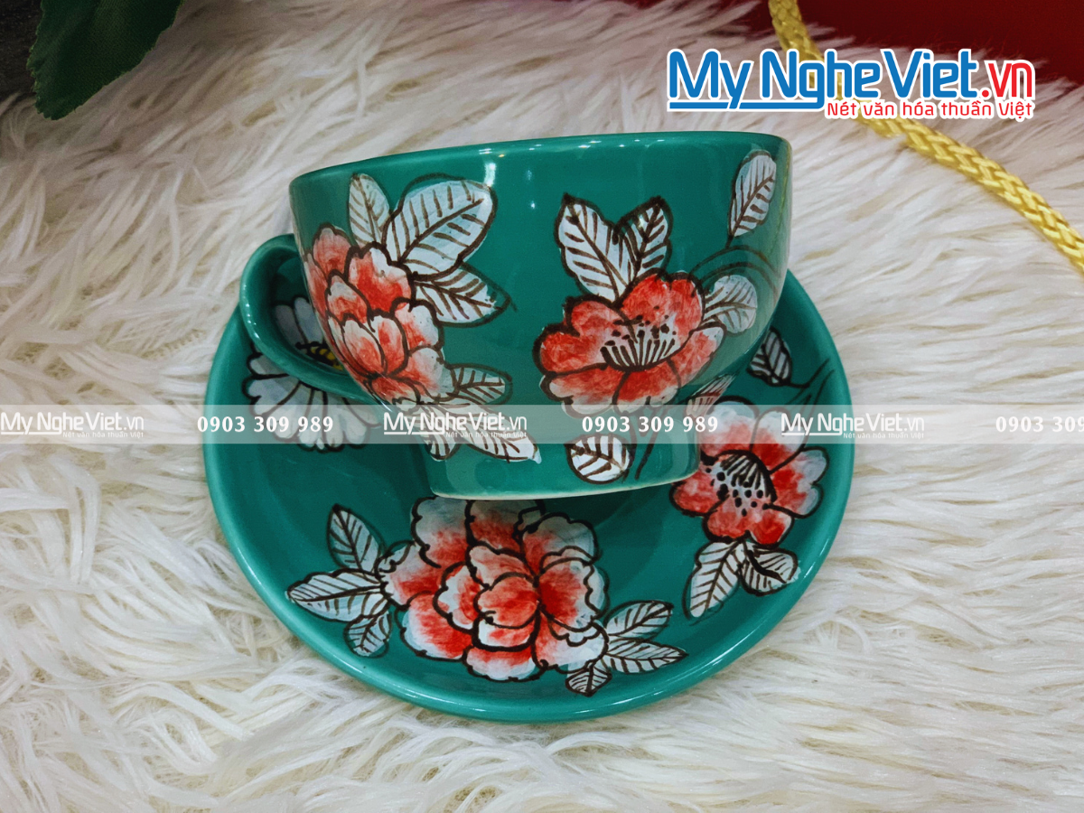 Combo quà tặng lọ hoa mini + bộ ly cappucino vẽ tay xanh lá + hộp xilot MNV-HBT1223-2/5