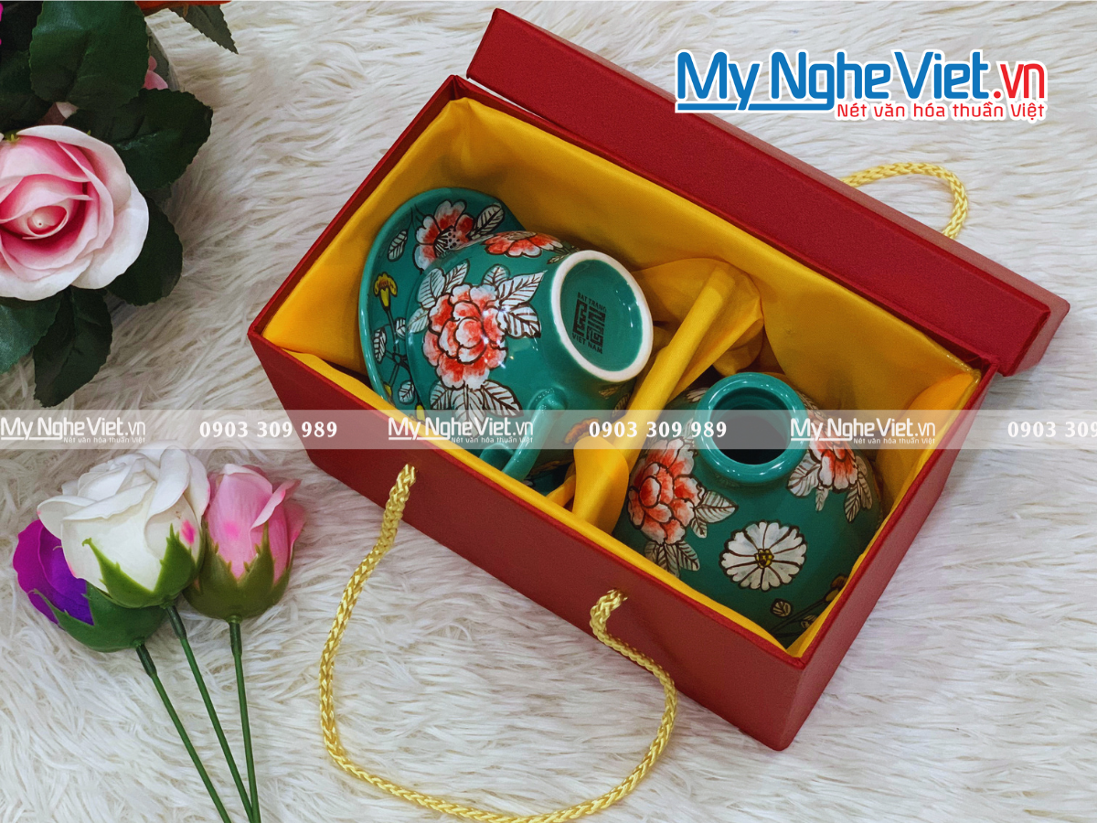 Combo quà tặng lọ hoa mini + bộ ly cappucino vẽ tay xanh lá + hộp xilot MNV-HBT1223-2/5