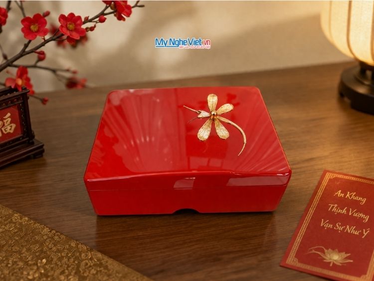 Hộp Name Card Sơn Mài Cẩn Trứng Chuồn Chuồn Màu Đỏ HDMB001