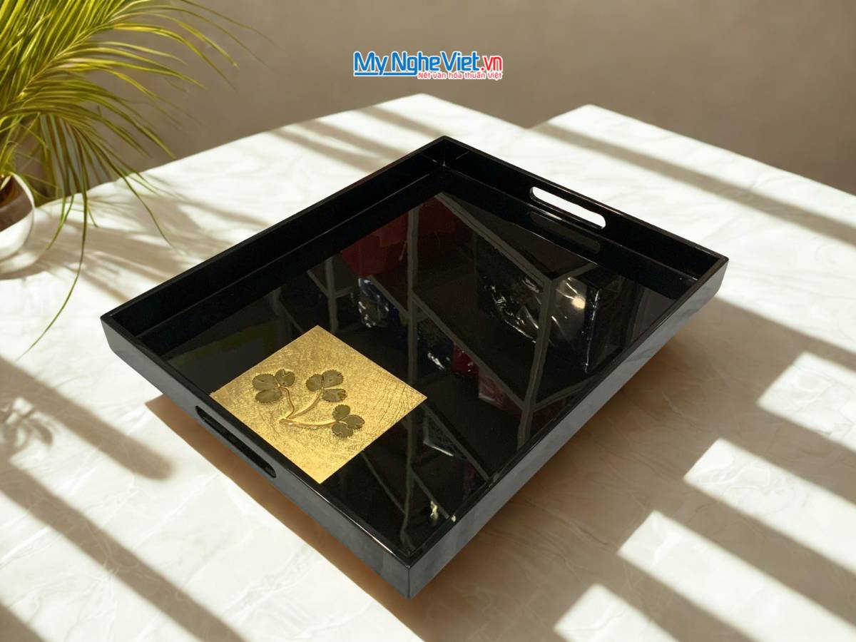 Khay sơn mài dát vàng lá cây nền đen KSMTN34-2