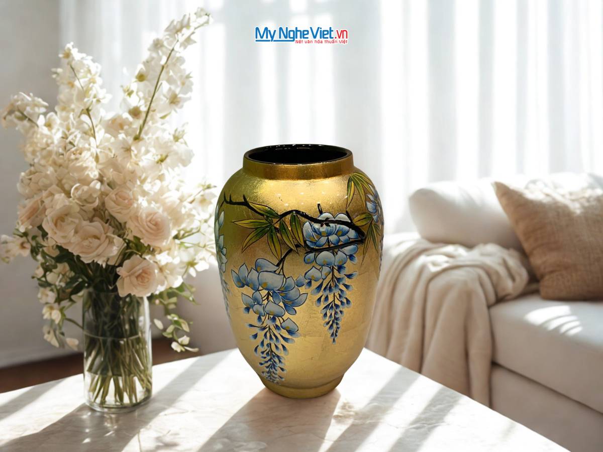 Lọ hoa sơn mài hoa tử đằng đắp nổi phù điêu LHSMDH25-6.2