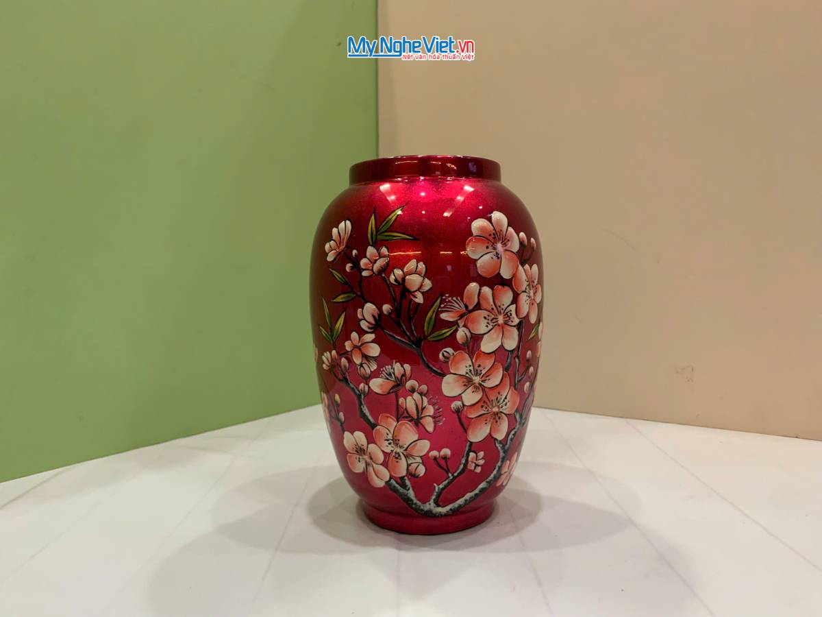 Lọ hoa sơn mài hoa đào đắp nổi phù điêu LHSMDH25-6.3