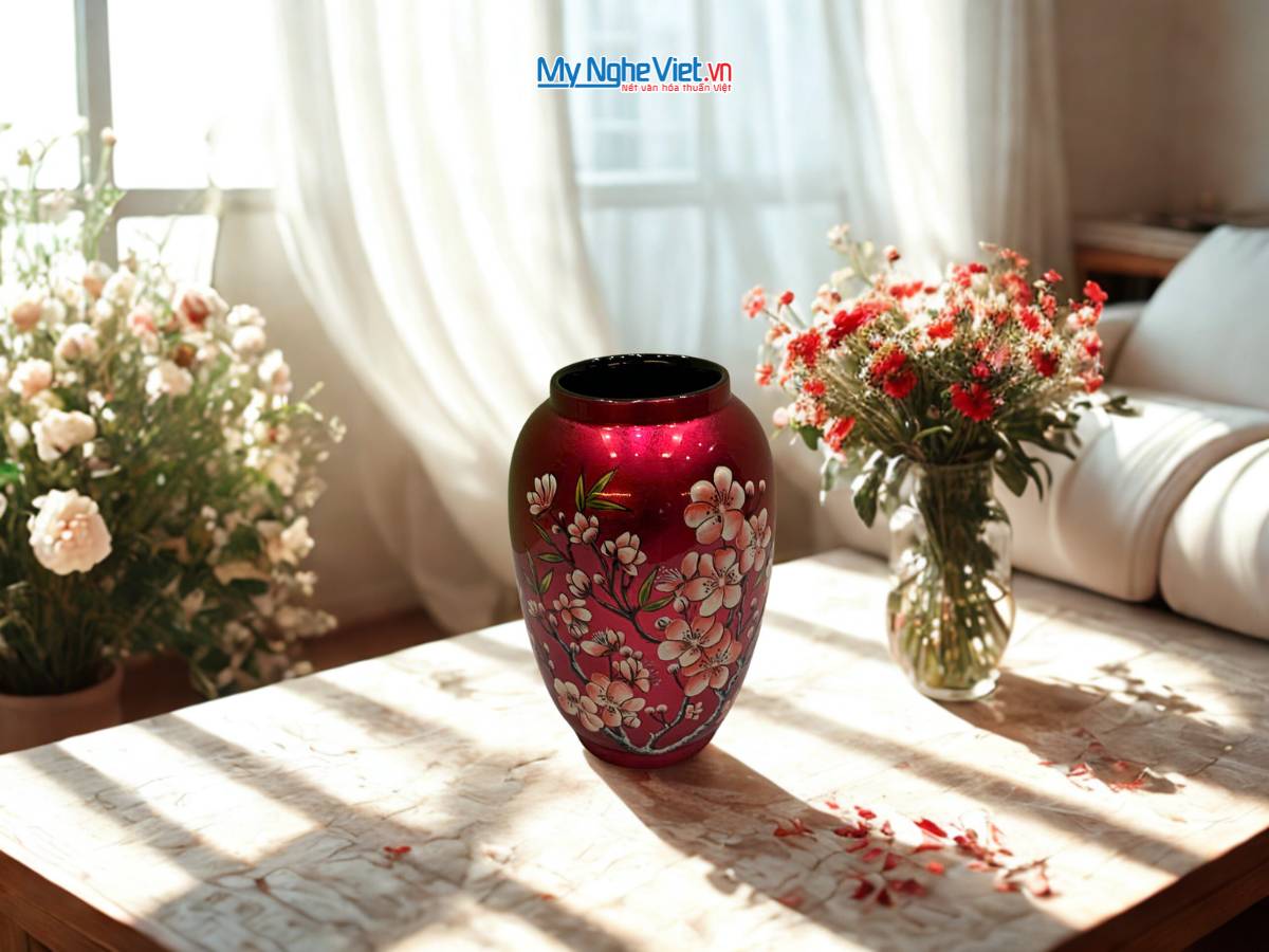 Lọ hoa sơn mài hoa đào đắp nổi phù điêu LHSMDH25-6.3