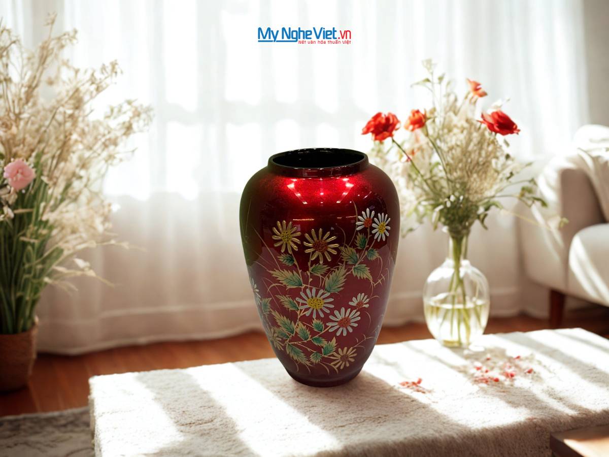 Lọ hoa sơn mài hoa cúc đắp nổi phù điêu MNV-SMDH25-2