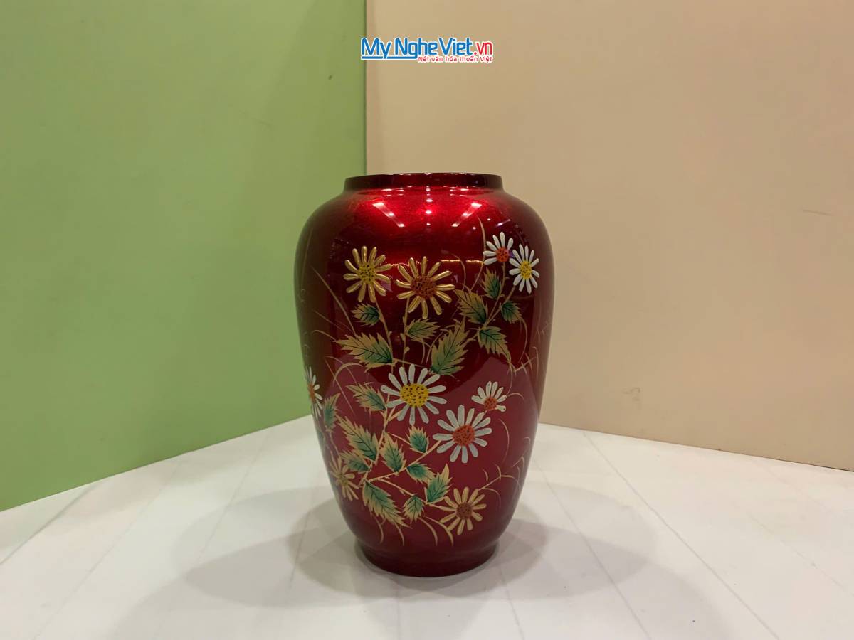 Lọ hoa sơn mài hoa cúc đắp nổi phù điêu MNV-SMDH25-2