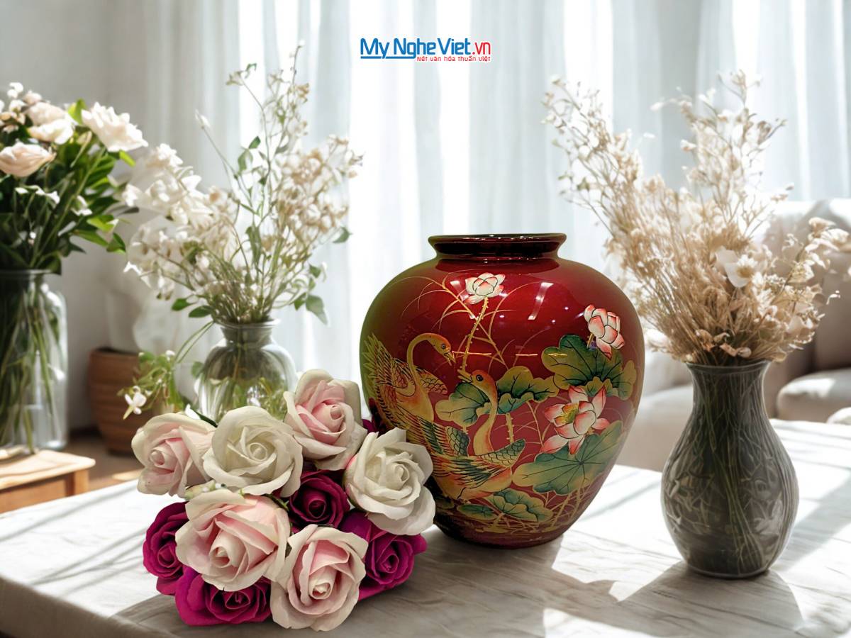 Lọ Hoa Đắp Nổi phù điêu sen nền đỏ LHSMDH22-2.1