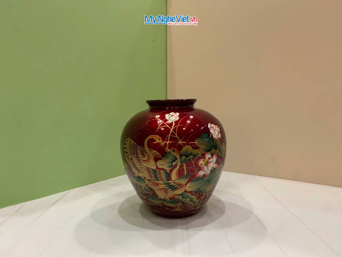 Lọ Hoa Đắp Nổi phù điêu sen nền đỏ LHSMDH22-2.1