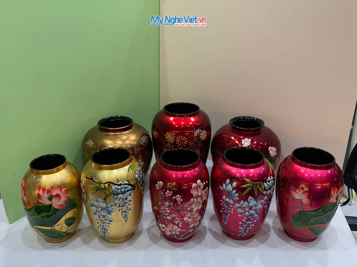 Lọ hoa sơn mài hoa đào đắp nổi phù điêu LHSMDH25-6.3