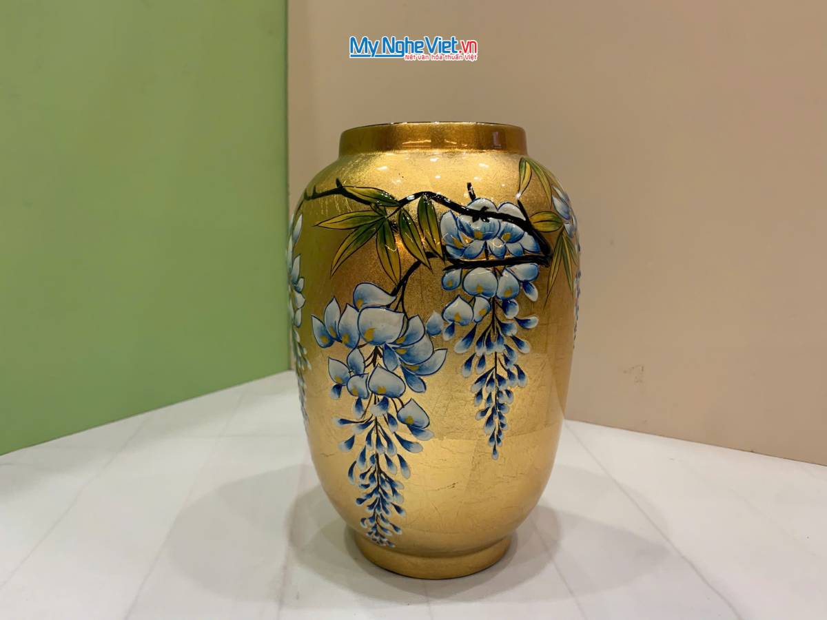 Lọ hoa sơn mài hoa tử đằng đắp nổi phù điêu LHSMDH25-6.2