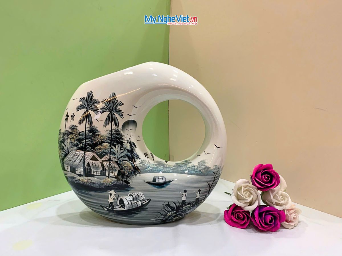 Lọ Hoa Sơn Mài Kết Thân Vẽ Cảnh Đồng Quê Lớn MNV-LHSM118/3-4