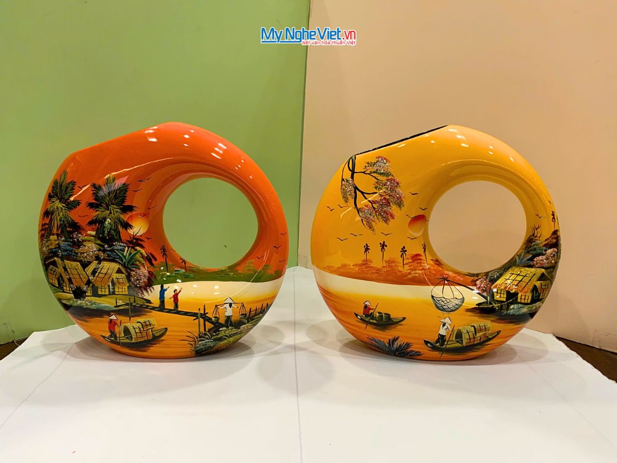 Lọ Hoa Sơn Mài Kết Thân Vẽ Cảnh Đồng Quê Lớn MNV-LHSM118/3-1