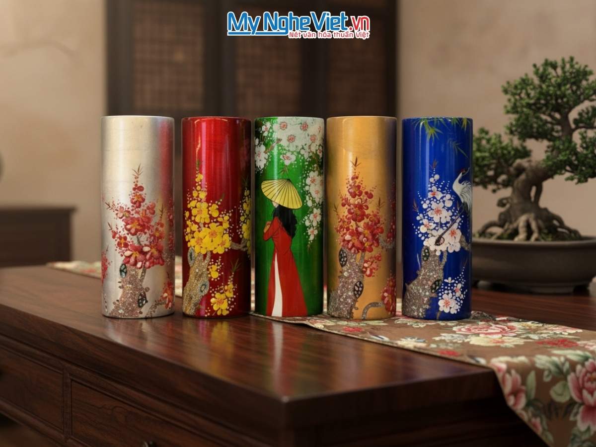 Lọ hoa Sơn mài dáng trụ đủ mẫu D11 X H30 LHSM30