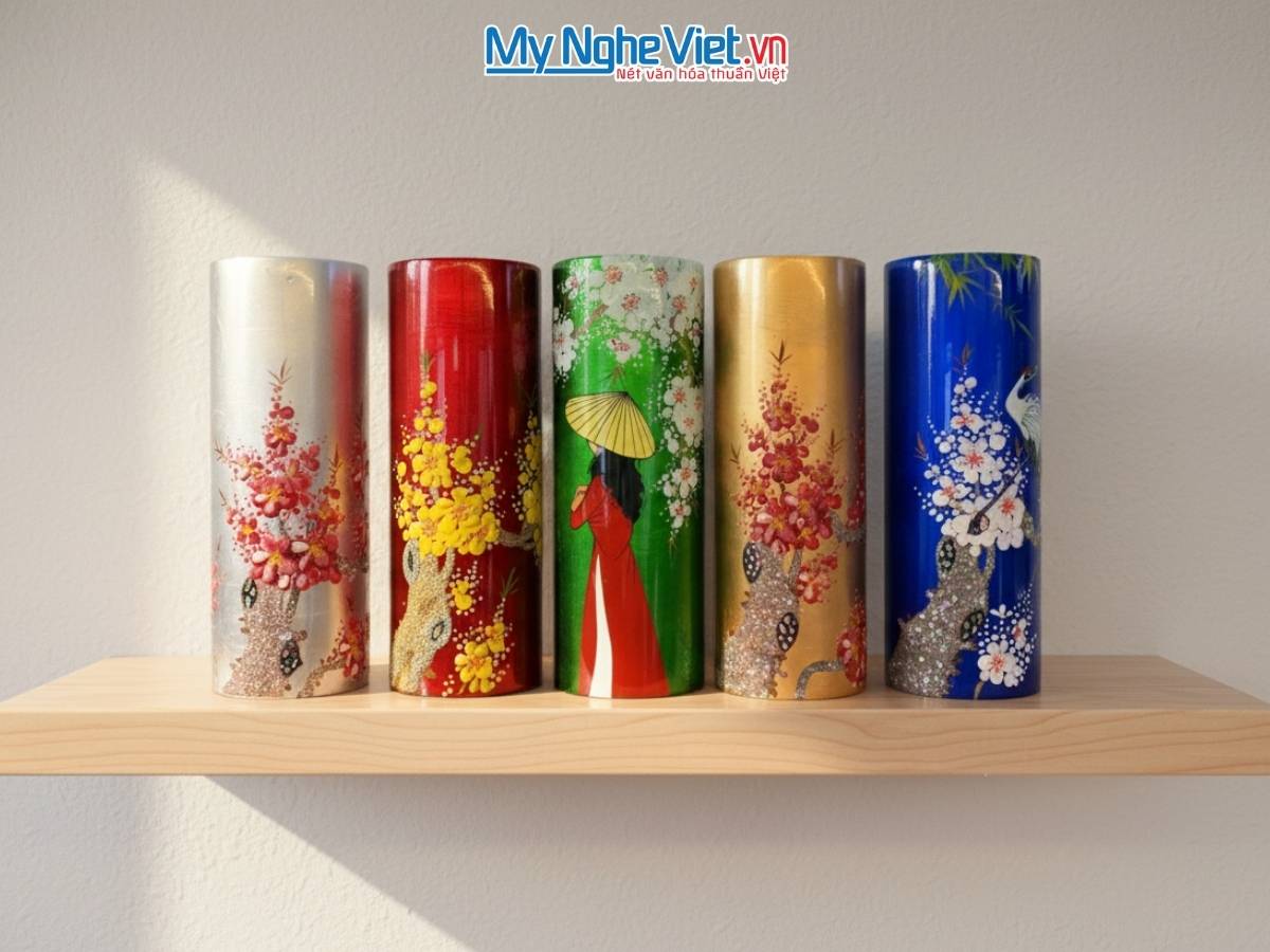 Lọ hoa Sơn mài dáng trụ đủ mẫu D11 X H30 LHSM30