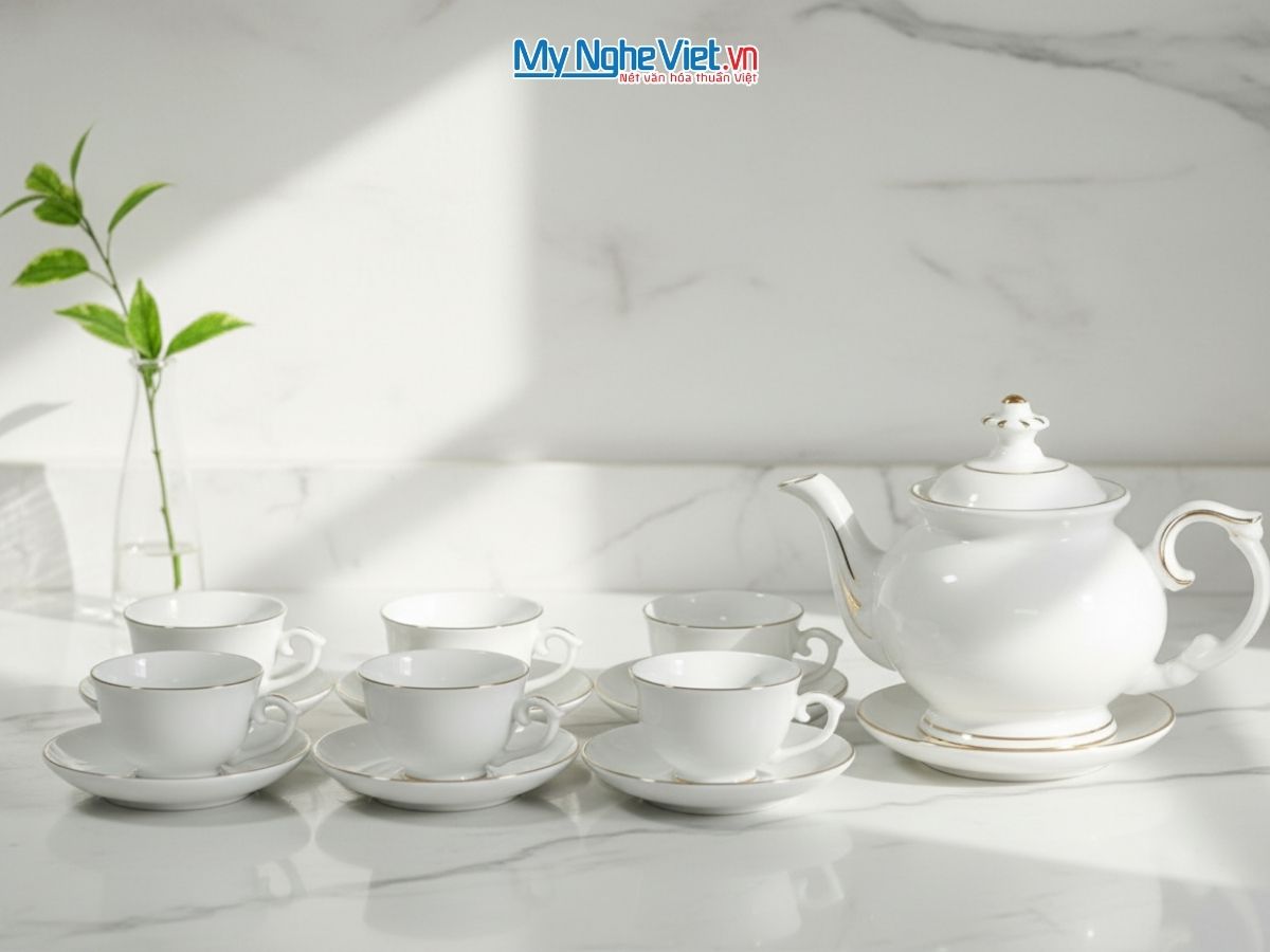 Bình Trà Cát Tường Men Trắng Viền Chỉ Vàng MNV-BT001-3-2