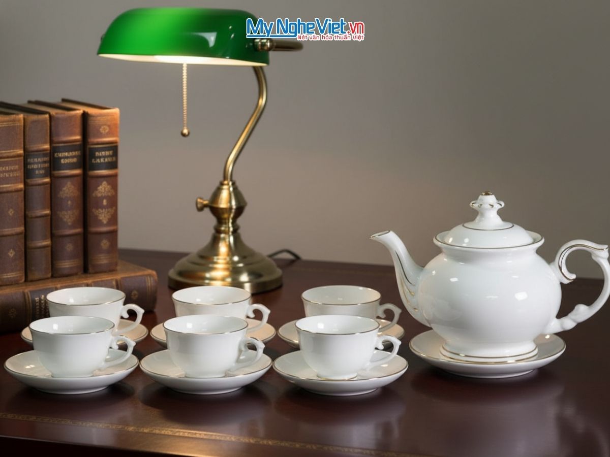 Bình Trà Cát Tường Men Trắng Viền Chỉ Vàng MNV-BT001-3-2