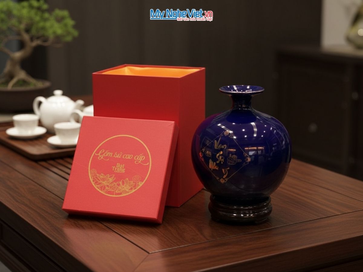 Bình thu tài hút lộc Lý ngư vọng nguyệt vàng kim nền xanh coban đậm MNV-HBT22/7.2