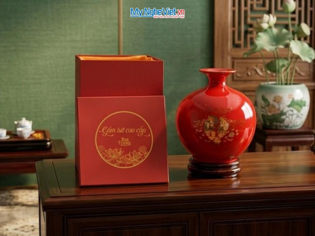 Bình thu tài hút lộc Thuận buồm vàng kim nền đỏ MNV-HBT22/7.3