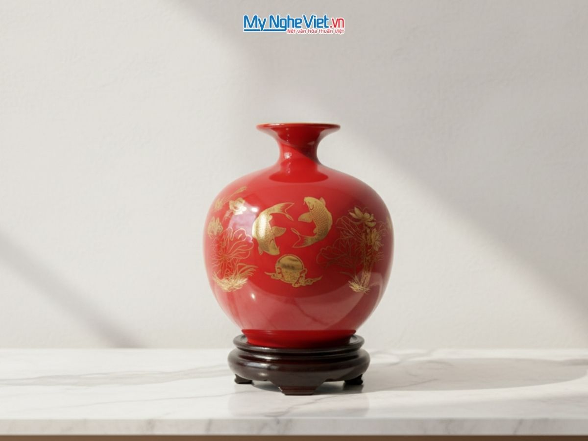 Bình thu tài hút lộc Chữ Phúc + Cá Sen vàng kim nền đỏ MNV-HBT22/7.4