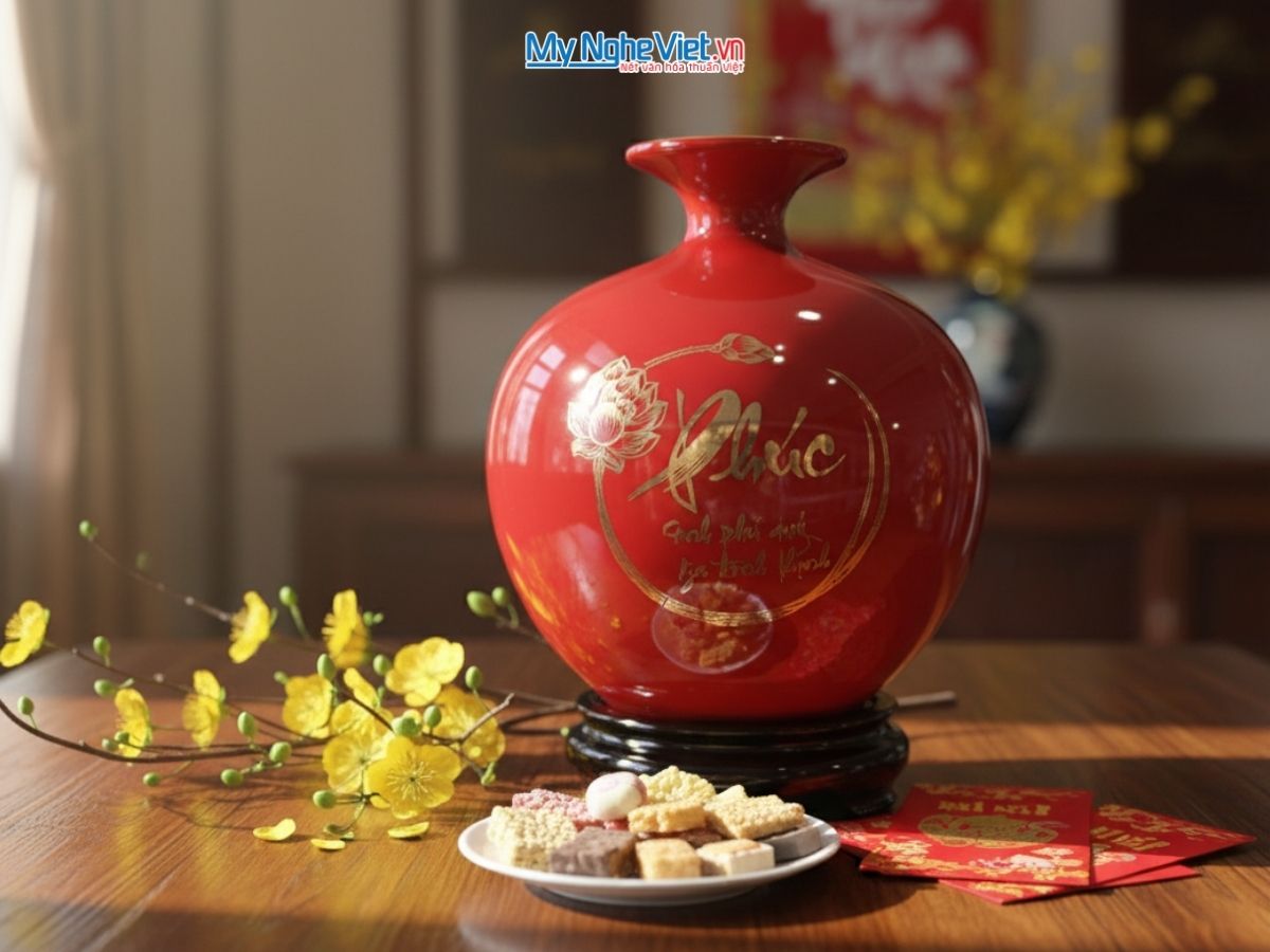 Bình thu tài hút lộc Chữ Phúc + Cá Sen vàng kim nền đỏ MNV-HBT22/7.4