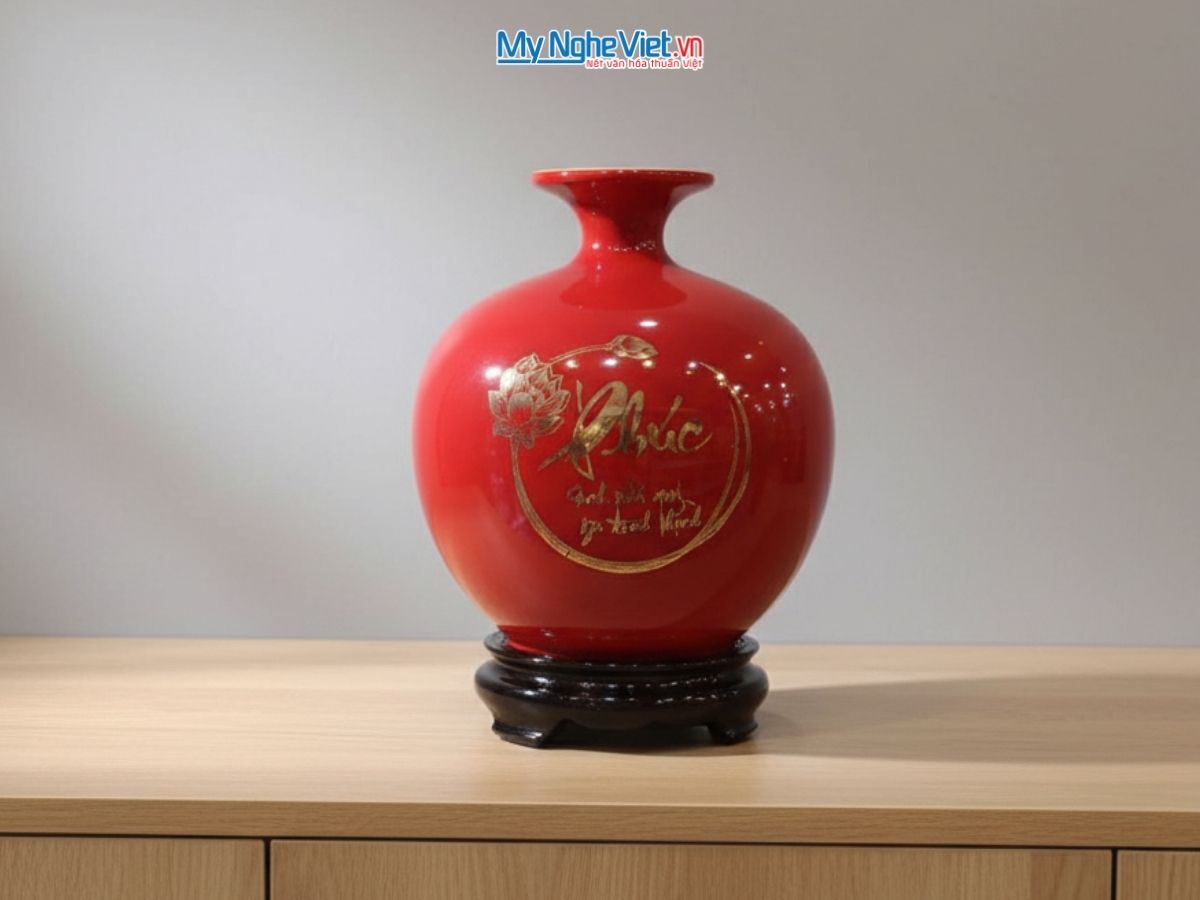 Bình thu tài hút lộc Chữ Phúc + Cá Sen vàng kim nền đỏ MNV-HBT22/7.4